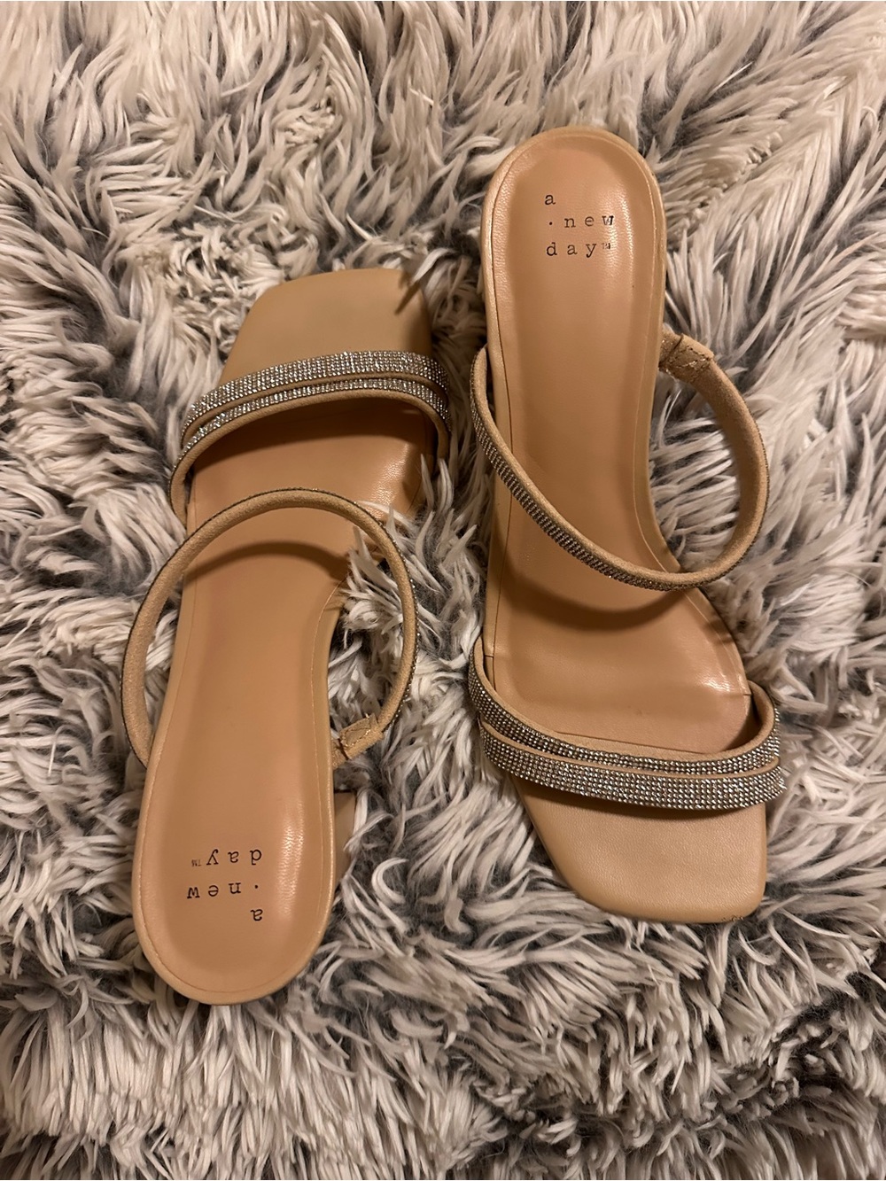 a new day Tan Crystal-Strap Square Toe Slide Sandals